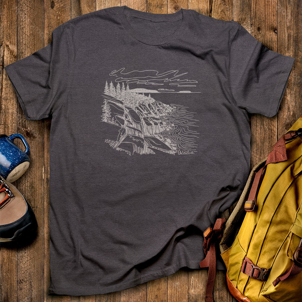 Acadia Line Drawing T-Shirt Dark Heather Adventure and Outdoors Themed T-Shirt