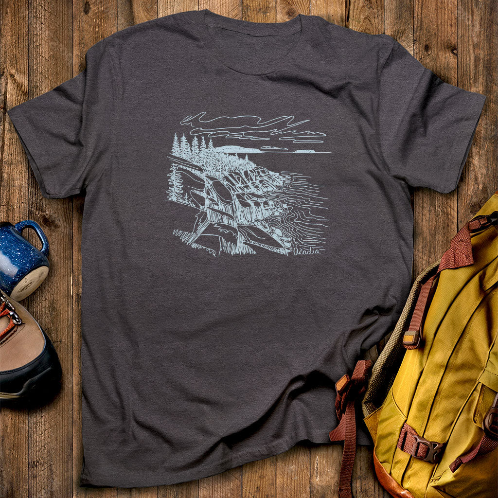 Acadia Line Drawing T-Shirt Heather Navy Adventure and Outdoors Themed T-Shirt