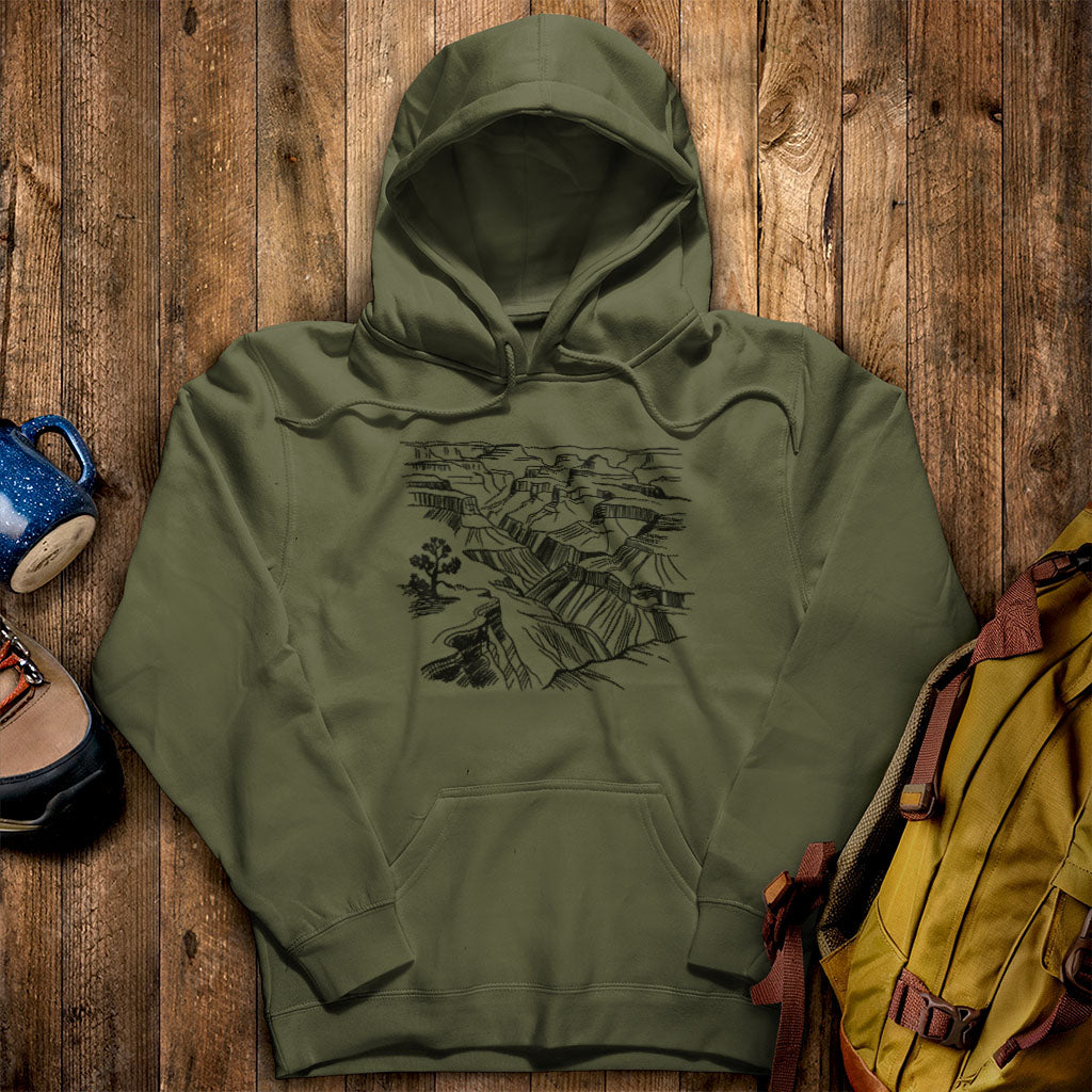Grand Canyon Line Drawing Hoodie Military Green Adventure and Outdoors Themed Hoodie