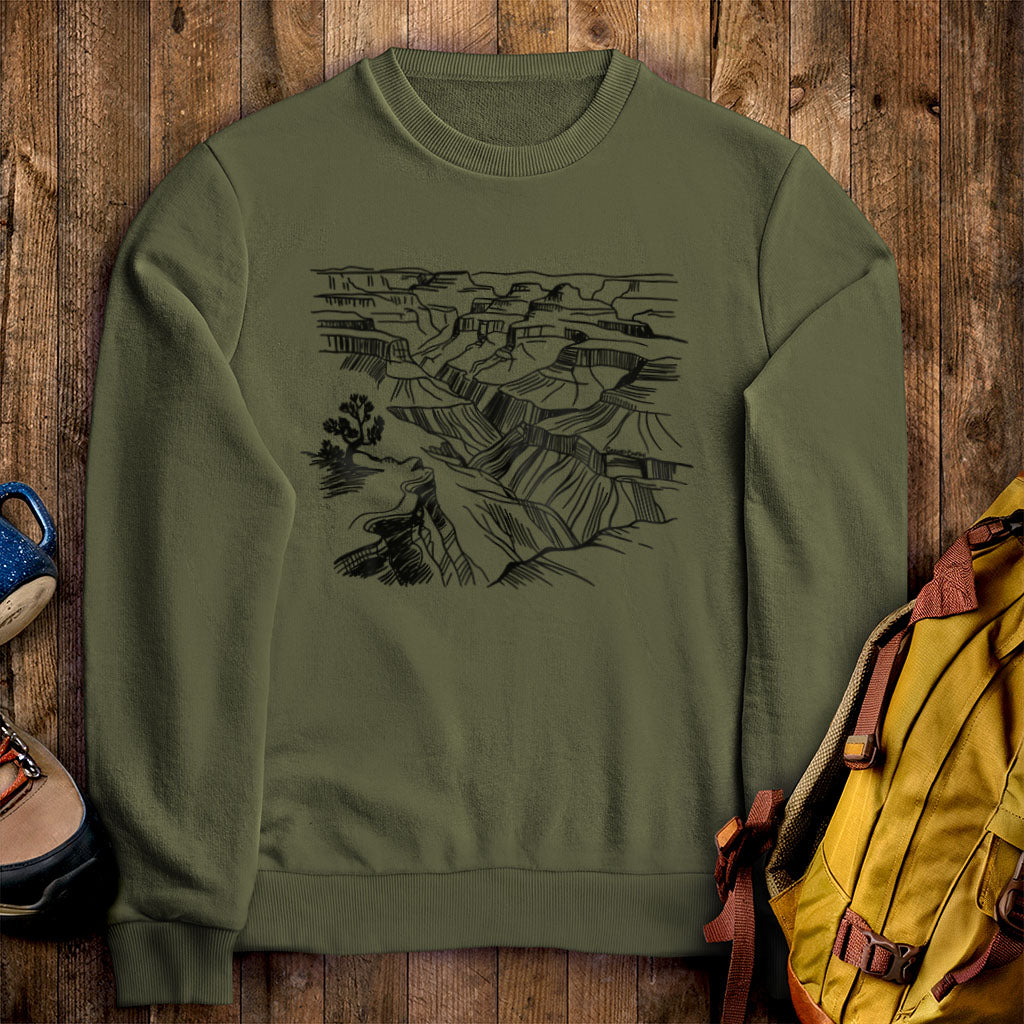Grand Canyon Line Drawing Crewneck Sweatshirt Military Green Adventure and Outdoors Themed Sweatshirt