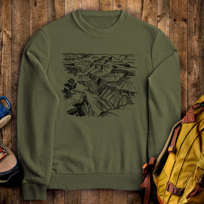 Grand Canyon Line Drawing Crewneck Sweatshirt Military Green Adventure and Outdoors Themed Sweatshirt