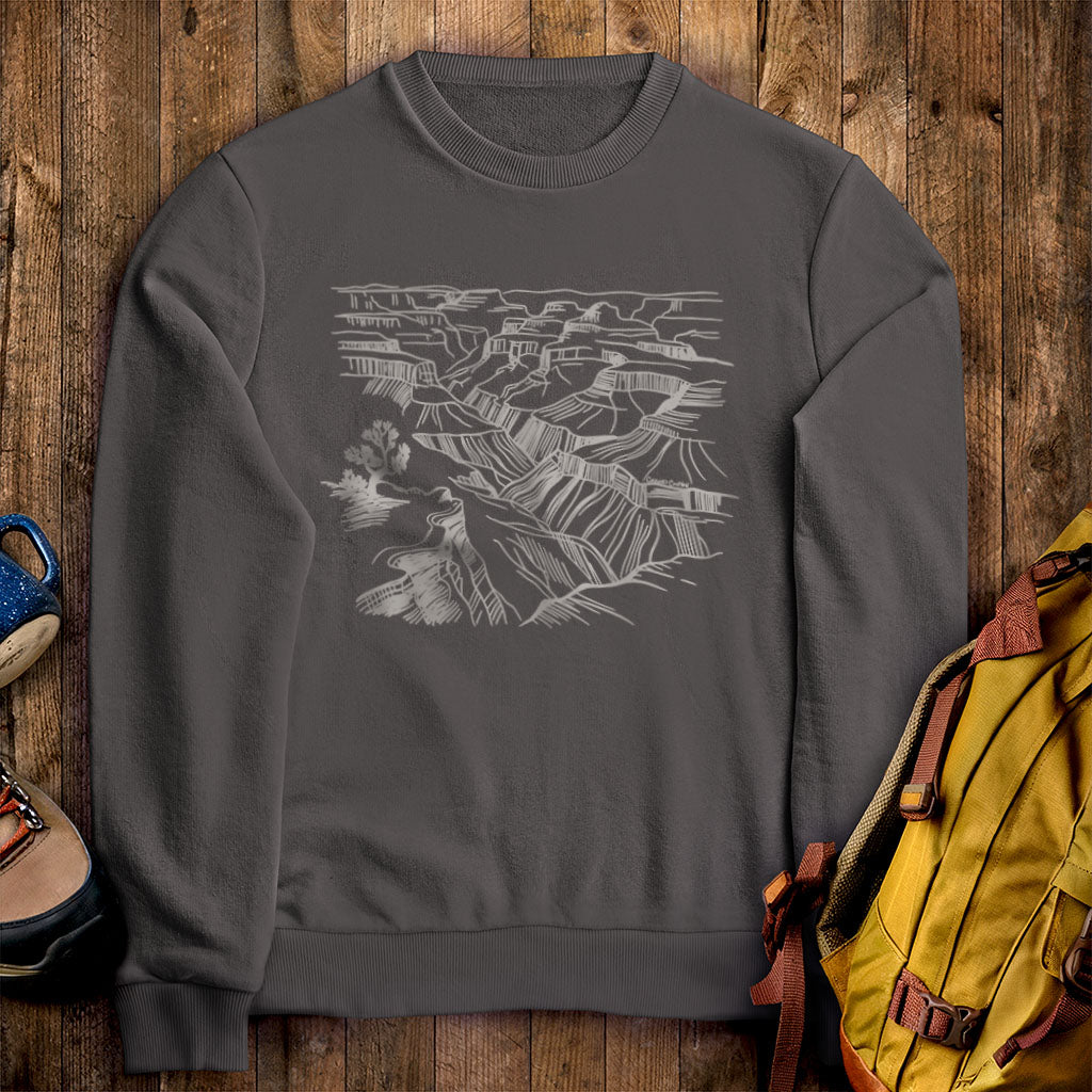 Grand Canyon Line Drawing Crewneck Sweatshirt Charcoal Adventure and Outdoors Themed Sweatshirt