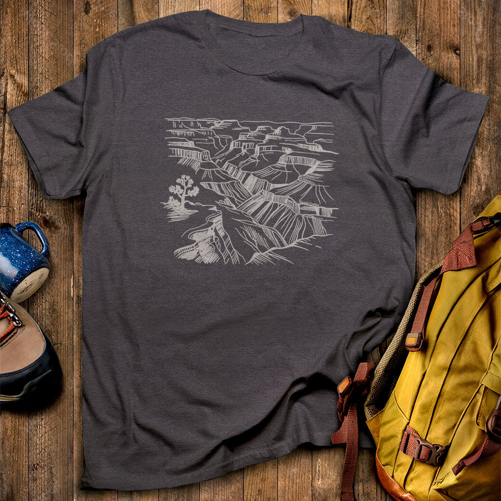 Grand Canyon Line Drawing T-Shirt Dark Heather Adventure and Outdoors Themed T-Shirt