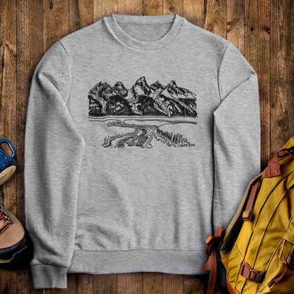 Grand Tetons Line Drawing Crewneck Sweatshirt Sport Grey Adventure and Outdoors Themed Sweatshirt