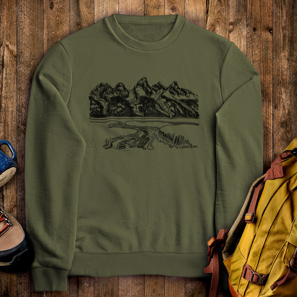 Grand Tetons Line Drawing Crewneck Sweatshirt Military Green Adventure and Outdoors Themed Sweatshirt