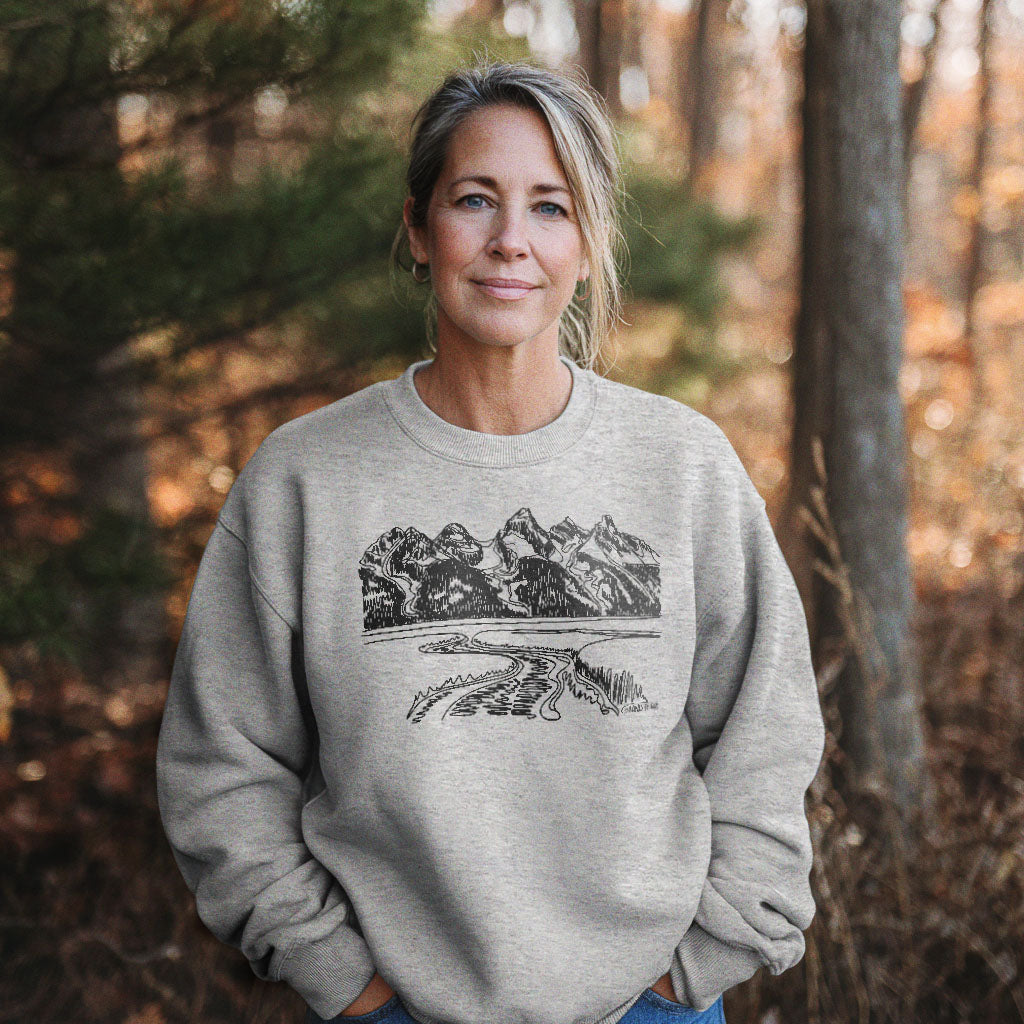 Grand Tetons Line Drawing Crewneck Sweatshirt Adventure and Outdoors Themed Sweatshirt