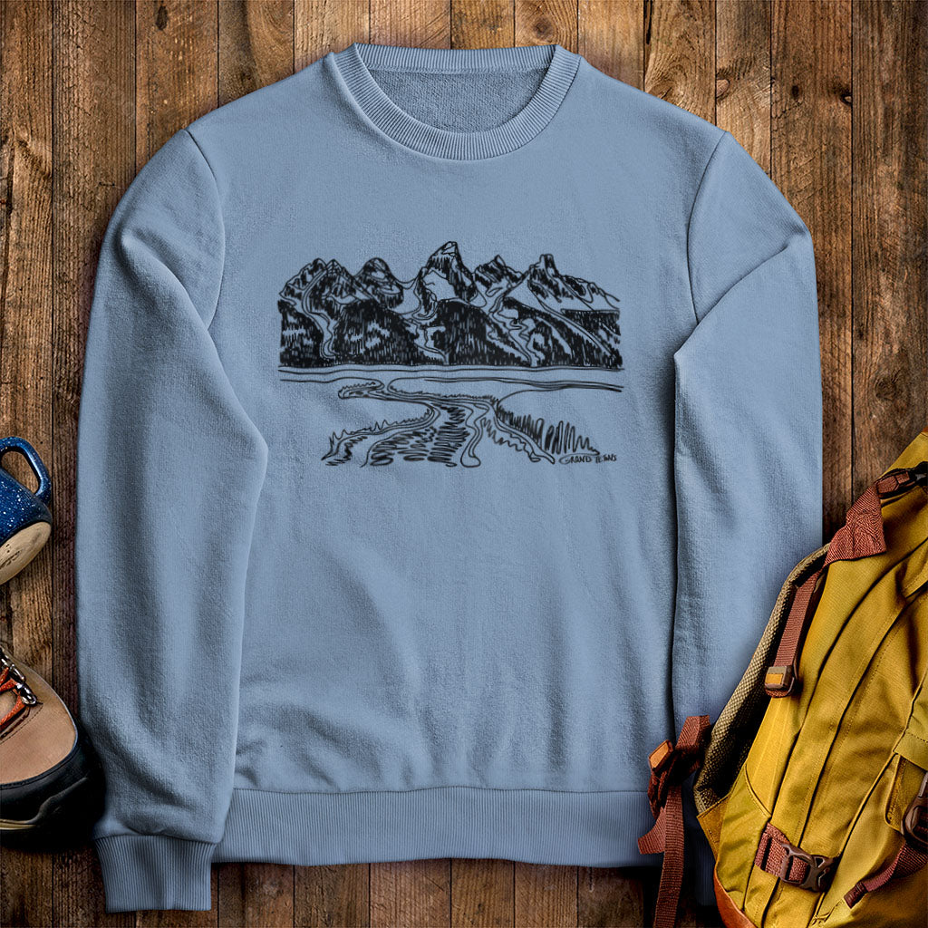 Grand Tetons Line Drawing Crewneck Sweatshirt Stone Blue Adventure and Outdoors Themed Sweatshirt