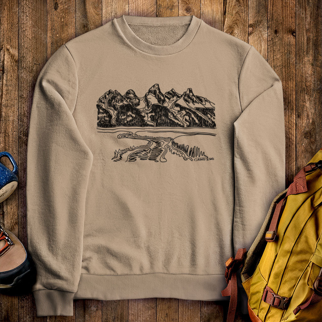 Grand Tetons Line Drawing Crewneck Sweatshirt Sand Adventure and Outdoors Themed Sweatshirt