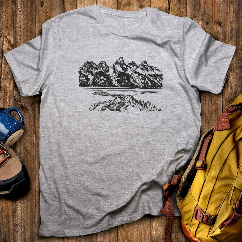 Grand Tetons Line Drawing T-Shirt Sport Grey Adventure and Outdoors Themed T-Shirt