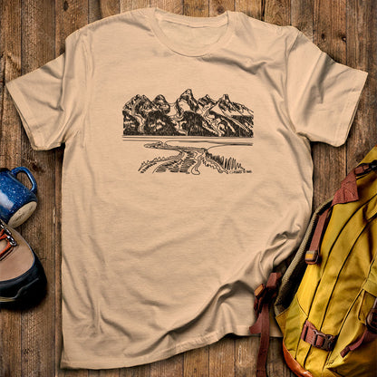 Grand Tetons Line Drawing T-Shirt Sand Adventure and Outdoors Themed T-Shirt