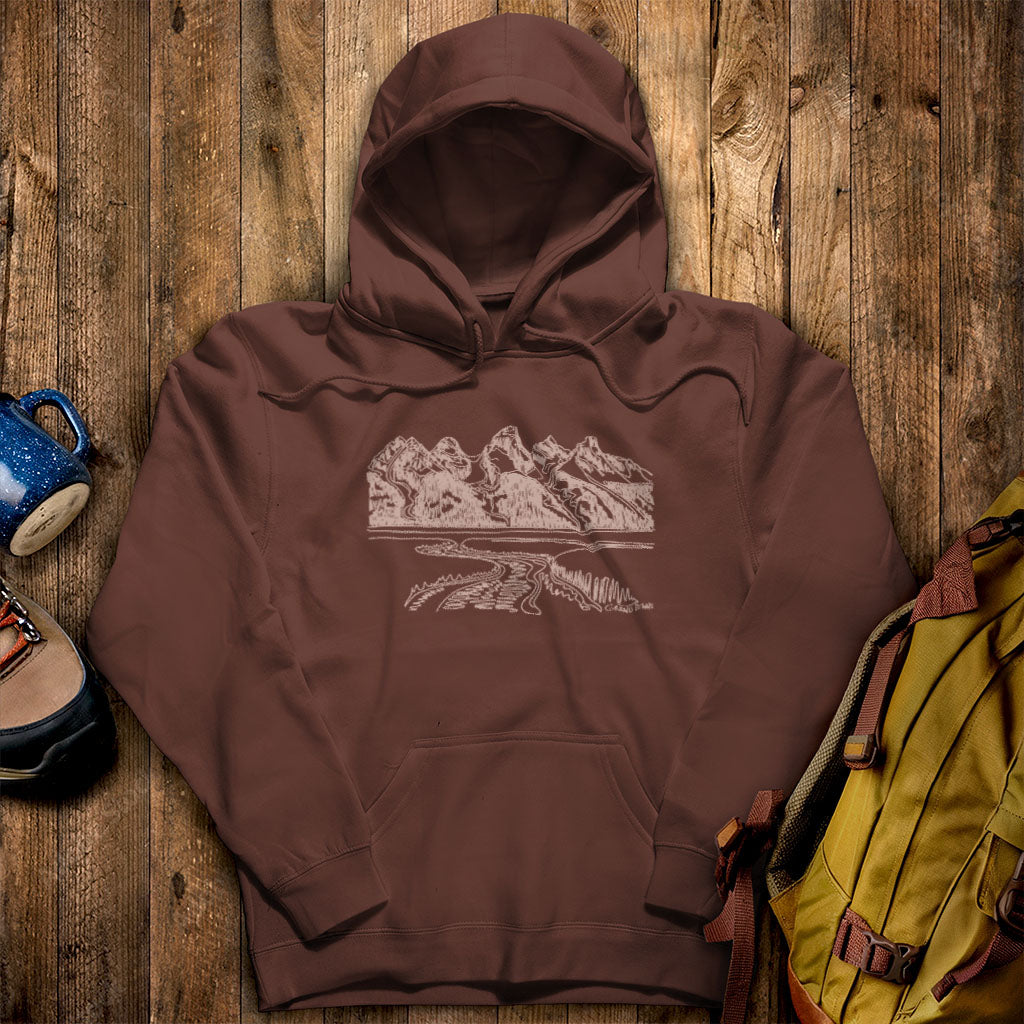 Grand Tetons Line Drawing Hoodie Cocoa Adventure and Outdoors Themed Hoodie