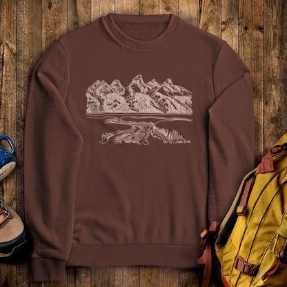 Grand Tetons Line Drawing Crewneck Sweatshirt Cocoa Adventure and Outdoors Themed Sweatshirt