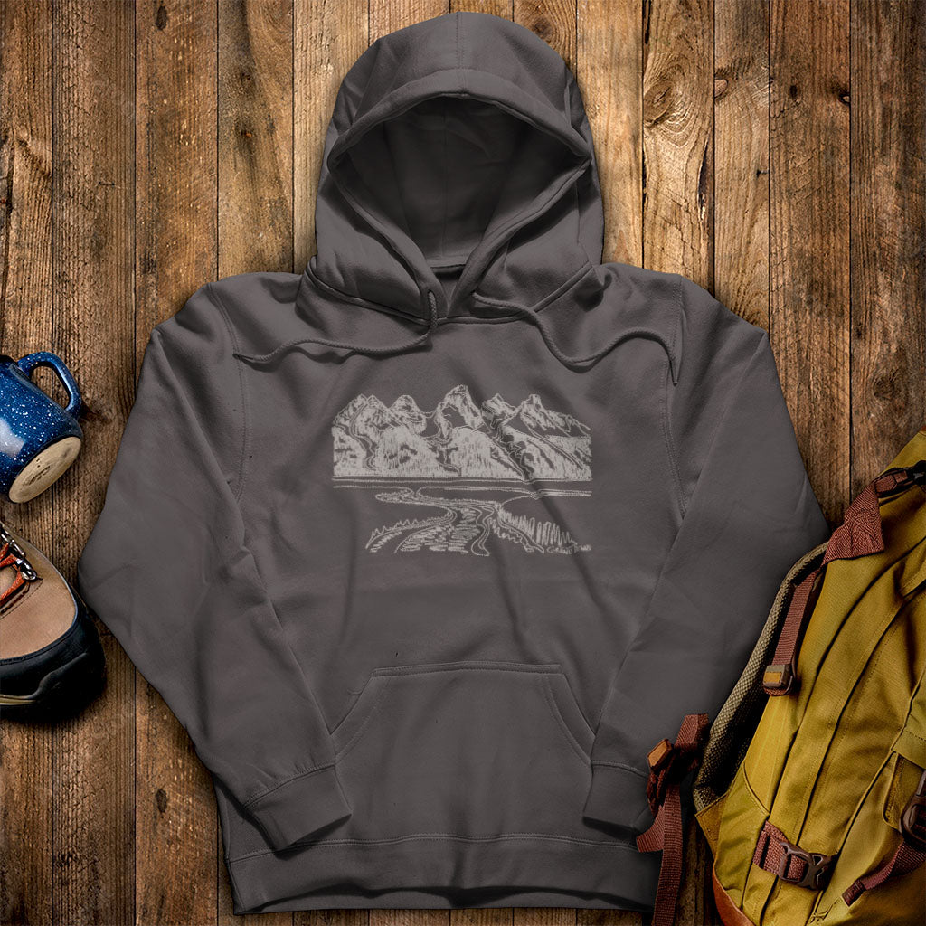 Grand Tetons Line Drawing Hoodie Charcoal Adventure and Outdoors Themed Hoodie