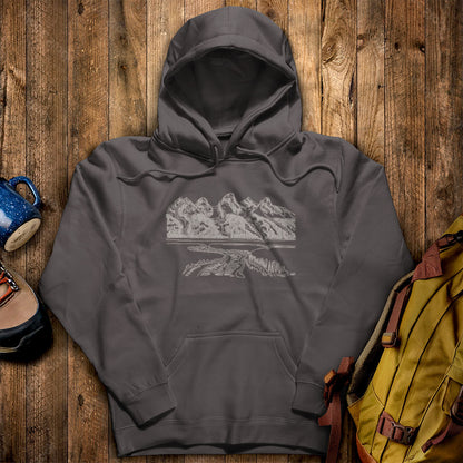Grand Tetons Line Drawing Hoodie Charcoal Adventure and Outdoors Themed Hoodie
