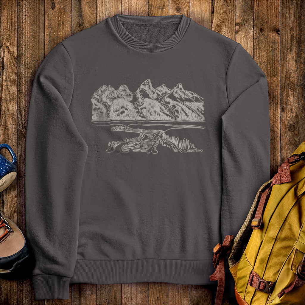 Grand Tetons Line Drawing Crewneck Sweatshirt Charcoal Adventure and Outdoors Themed Sweatshirt