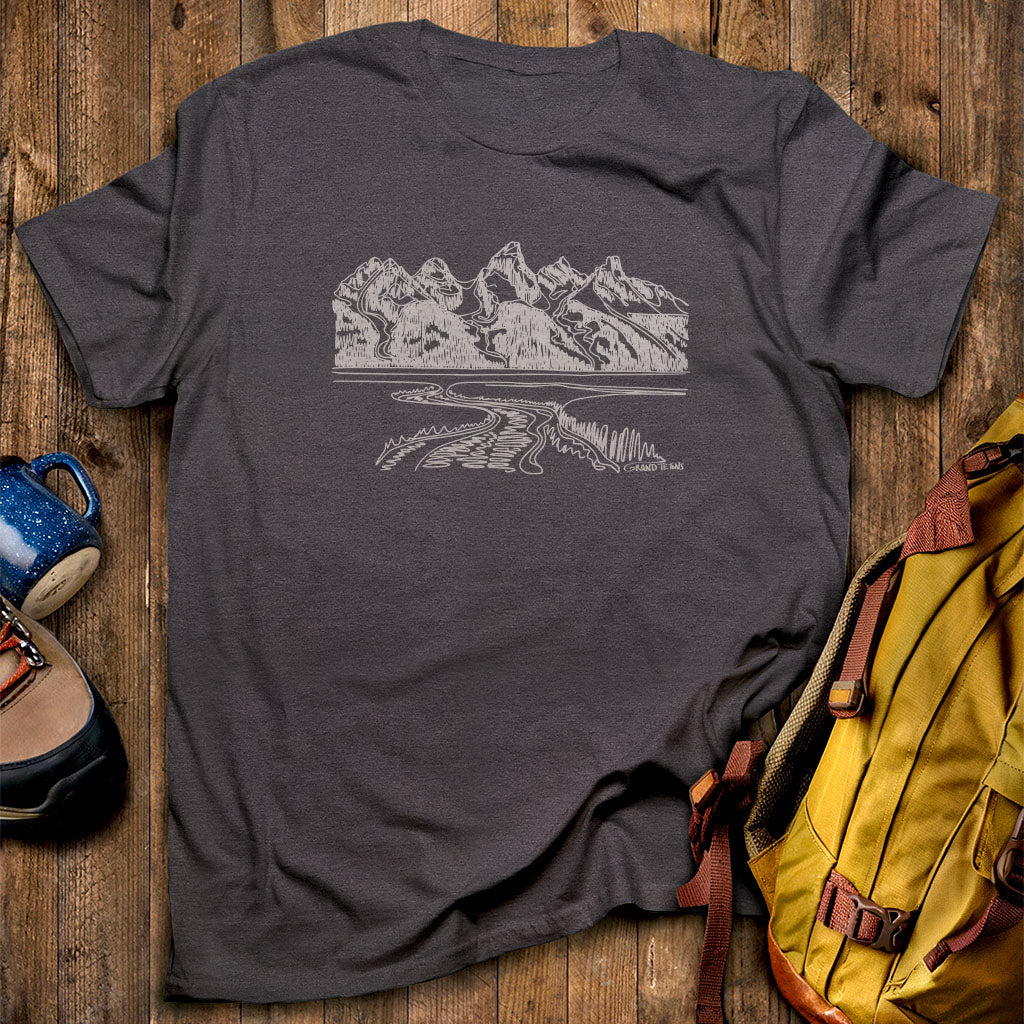 Grand Tetons Line Drawing T-Shirt Dark Heather Adventure and Outdoors Themed T-Shirt