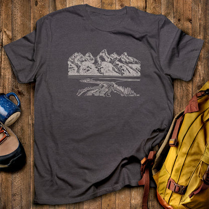 Grand Tetons Line Drawing T-Shirt Dark Heather Adventure and Outdoors Themed T-Shirt