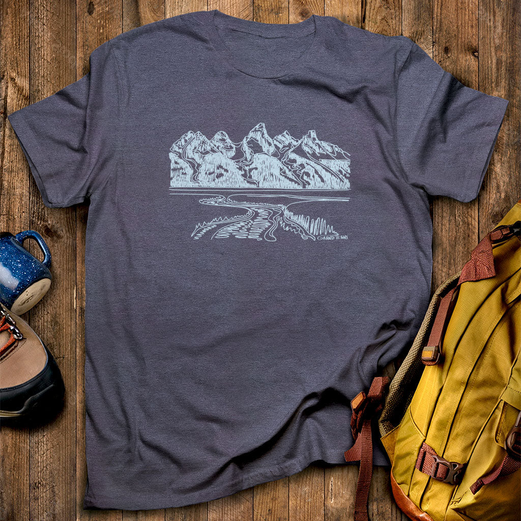 Grand Tetons Line Drawing T-Shirt Heather Navy Adventure and Outdoors Themed T-Shirt