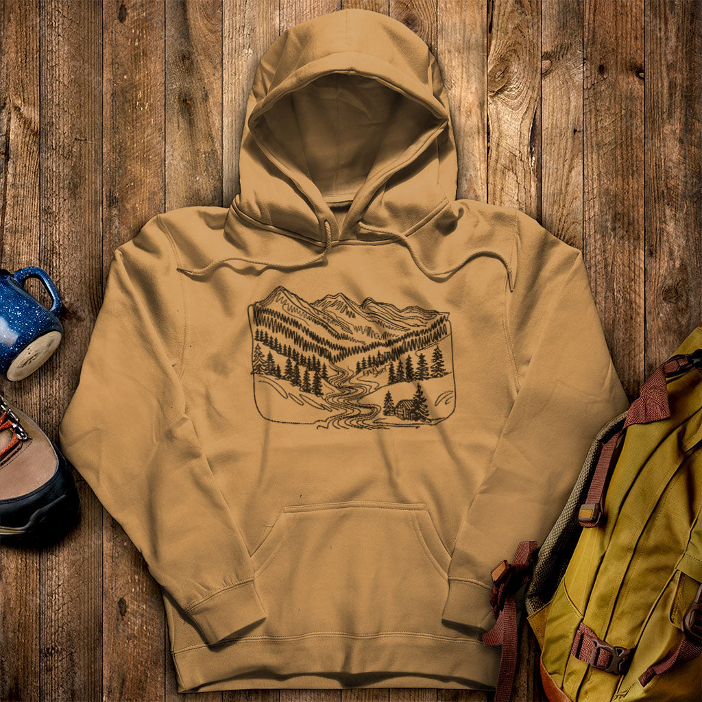 Great Smoky Line Drawing Hoodie Mustard Adventure and Outdoors Themed Hoodie