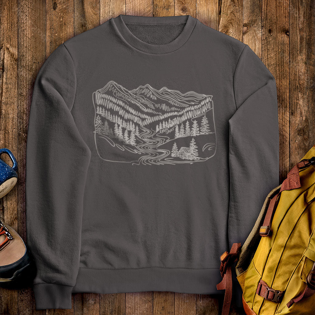 Great Smoky Line Drawing Crewneck Sweatshirt Charcoal Adventure and Outdoors Themed Sweatshirt