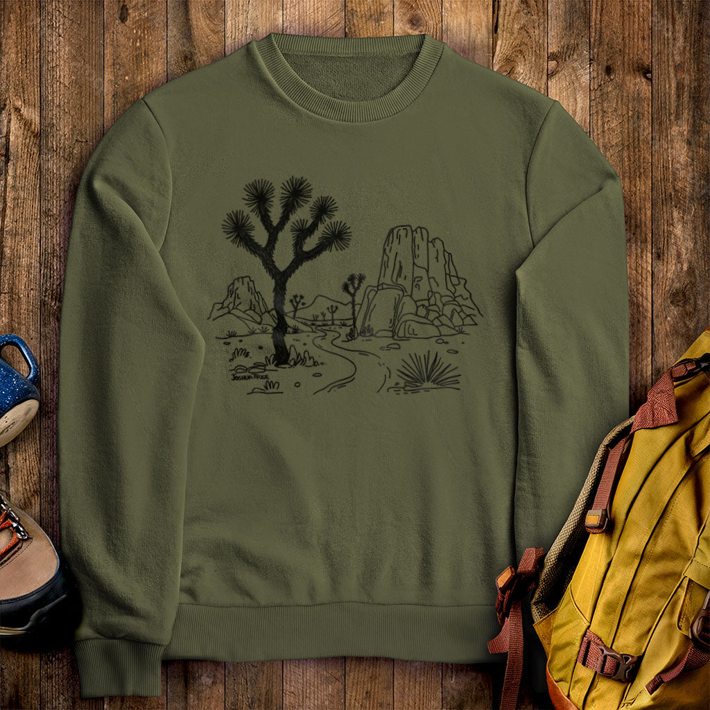 Joshua Tree Line Drawing Crewneck Sweatshirt Military Green Adventure and Outdoors Themed Sweatshirt