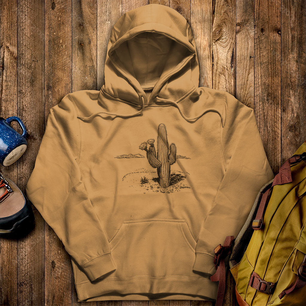 Saguaro Line Drawing Hoodie Mustard Adventure and Outdoors Themed Hoodie
