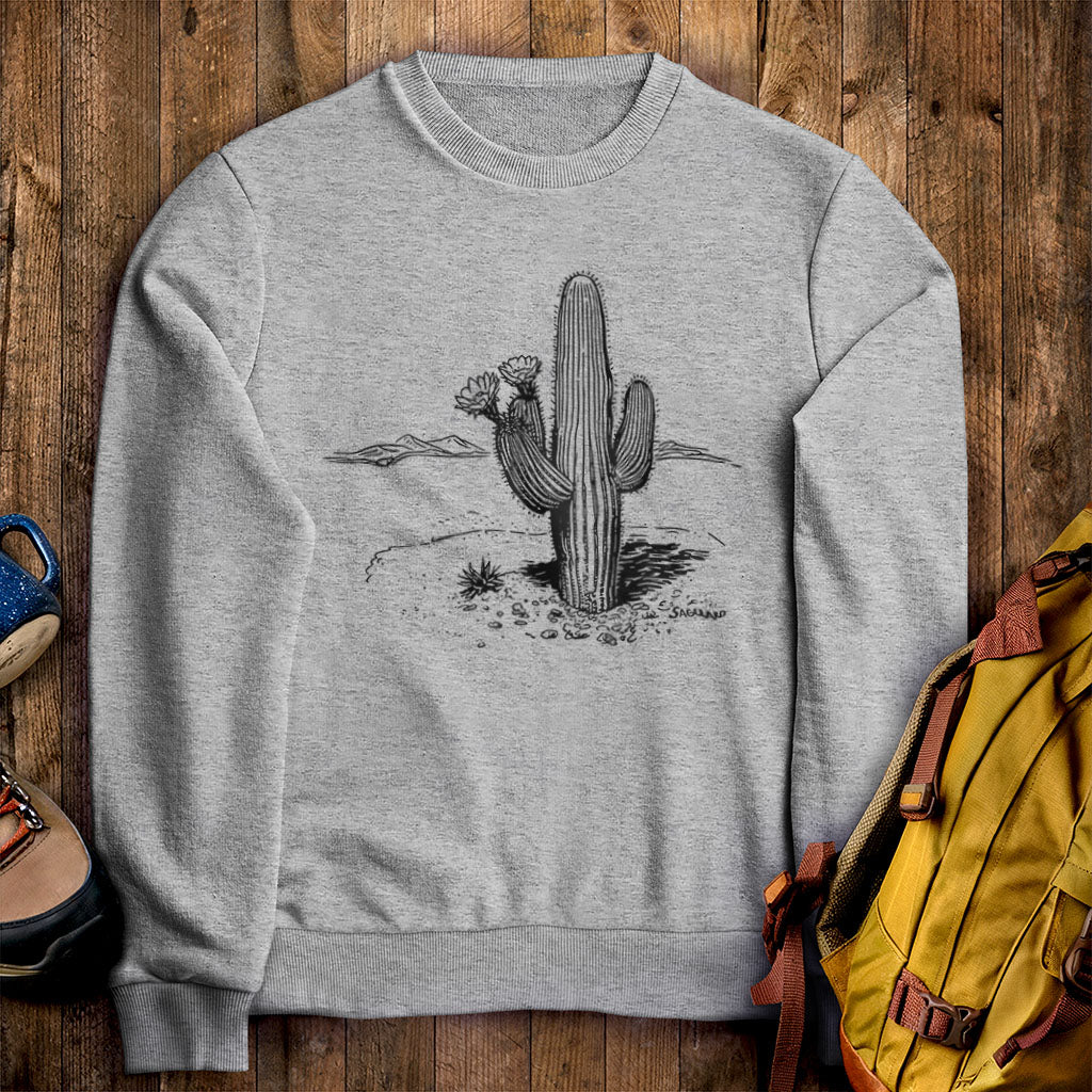 Saguaro Line Drawing Crewneck Sweatshirt Sport Grey Adventure and Outdoors Themed Sweatshirt