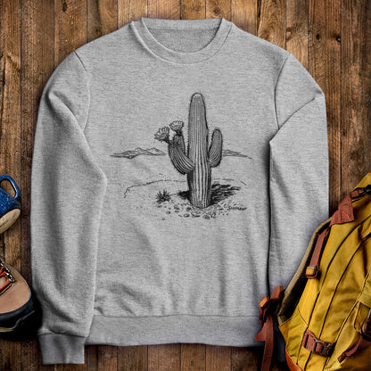 Saguaro Line Drawing Crewneck Sweatshirt Sport Grey Adventure and Outdoors Themed Sweatshirt