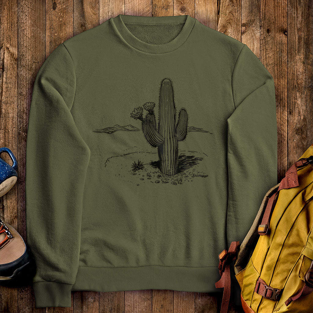 Saguaro Line Drawing Crewneck Sweatshirt Military Green Adventure and Outdoors Themed Sweatshirt
