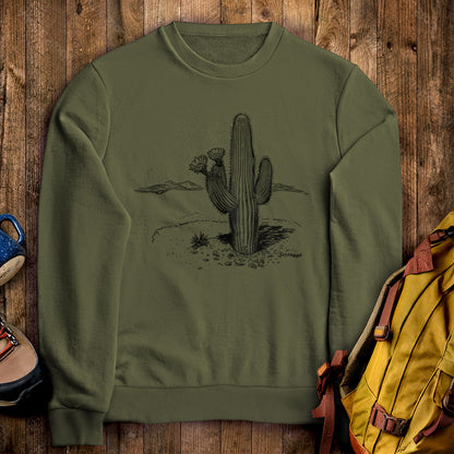 Saguaro Line Drawing Crewneck Sweatshirt Military Green Adventure and Outdoors Themed Sweatshirt