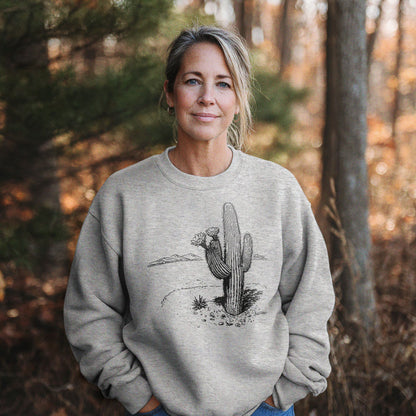 Saguaro Line Drawing Crewneck Sweatshirt Adventure and Outdoors Themed Sweatshirt