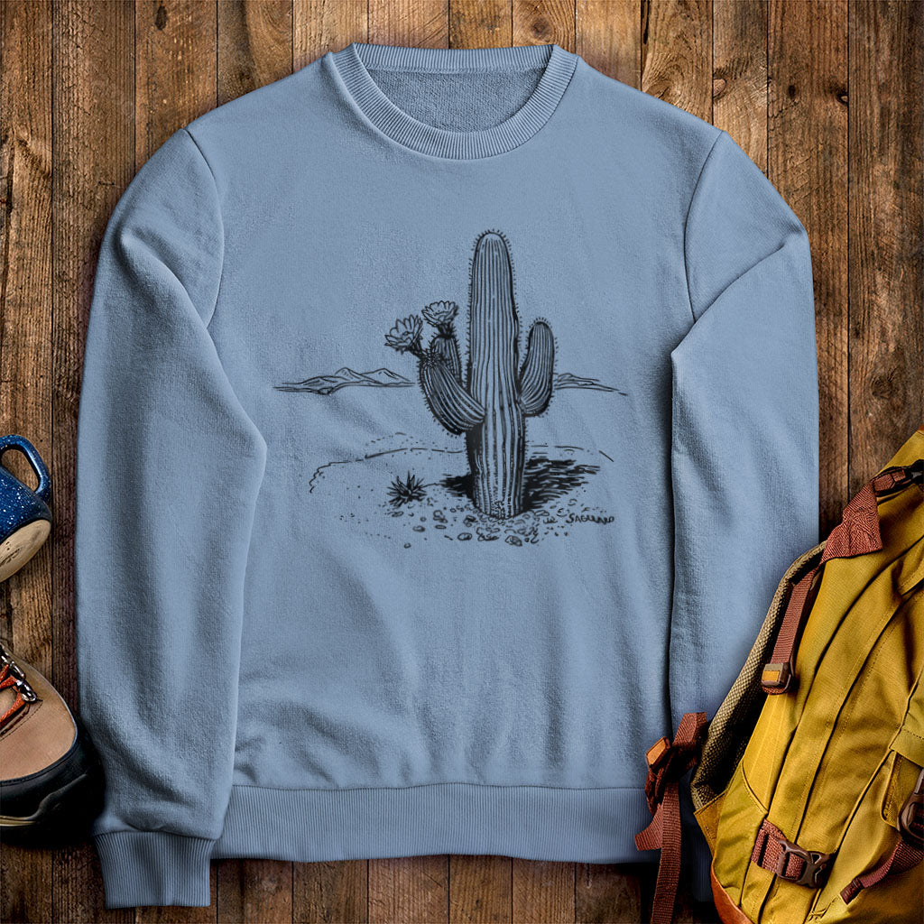 Saguaro Line Drawing Crewneck Sweatshirt Stone Blue Adventure and Outdoors Themed Sweatshirt