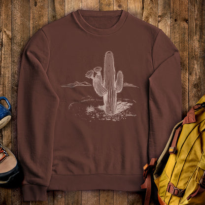 Saguaro Line Drawing Crewneck Sweatshirt Cocoa Adventure and Outdoors Themed Sweatshirt