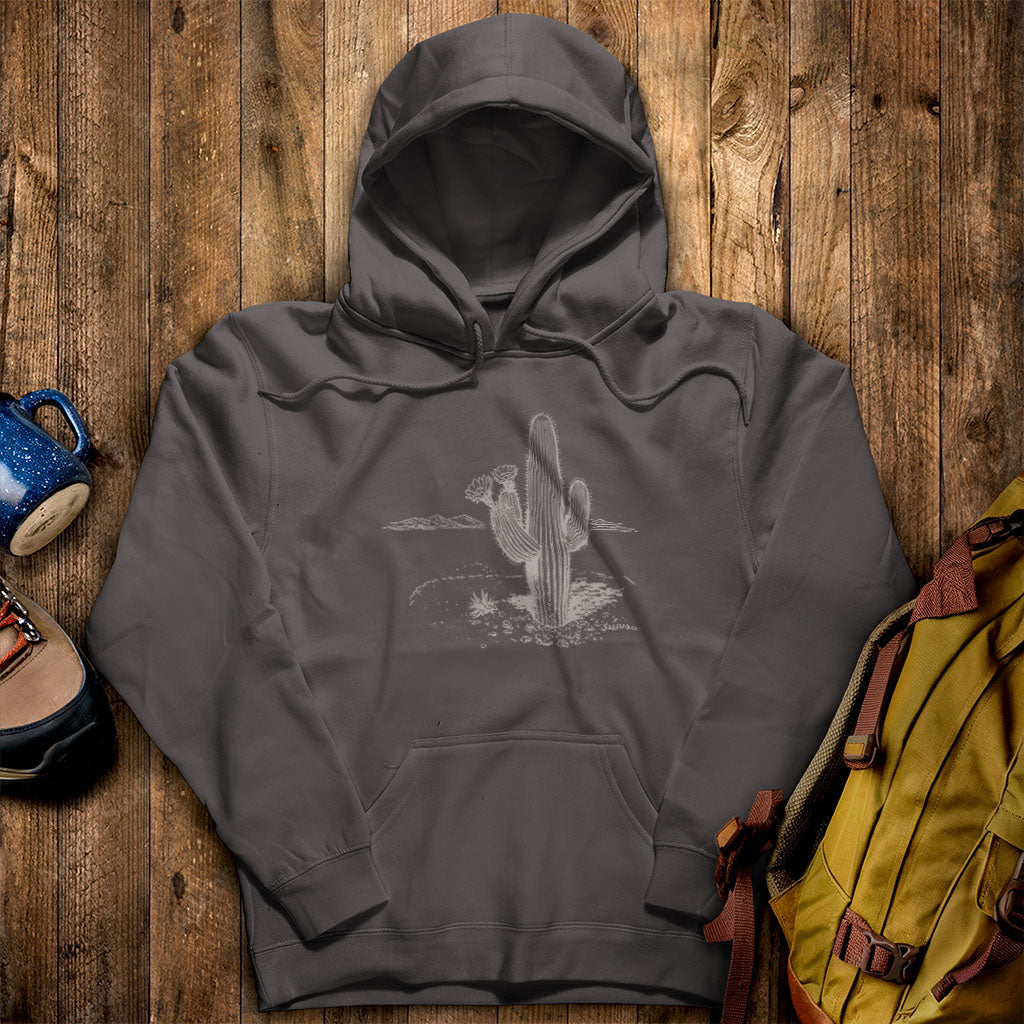 Saguaro Line Drawing Hoodie Charcoal Adventure and Outdoors Themed Hoodie
