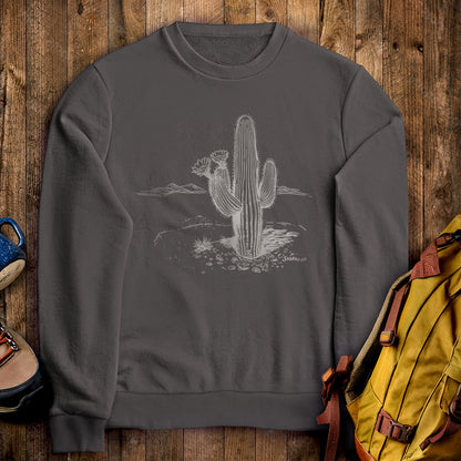 Saguaro Line Drawing Crewneck Sweatshirt Charcoal Adventure and Outdoors Themed Sweatshirt