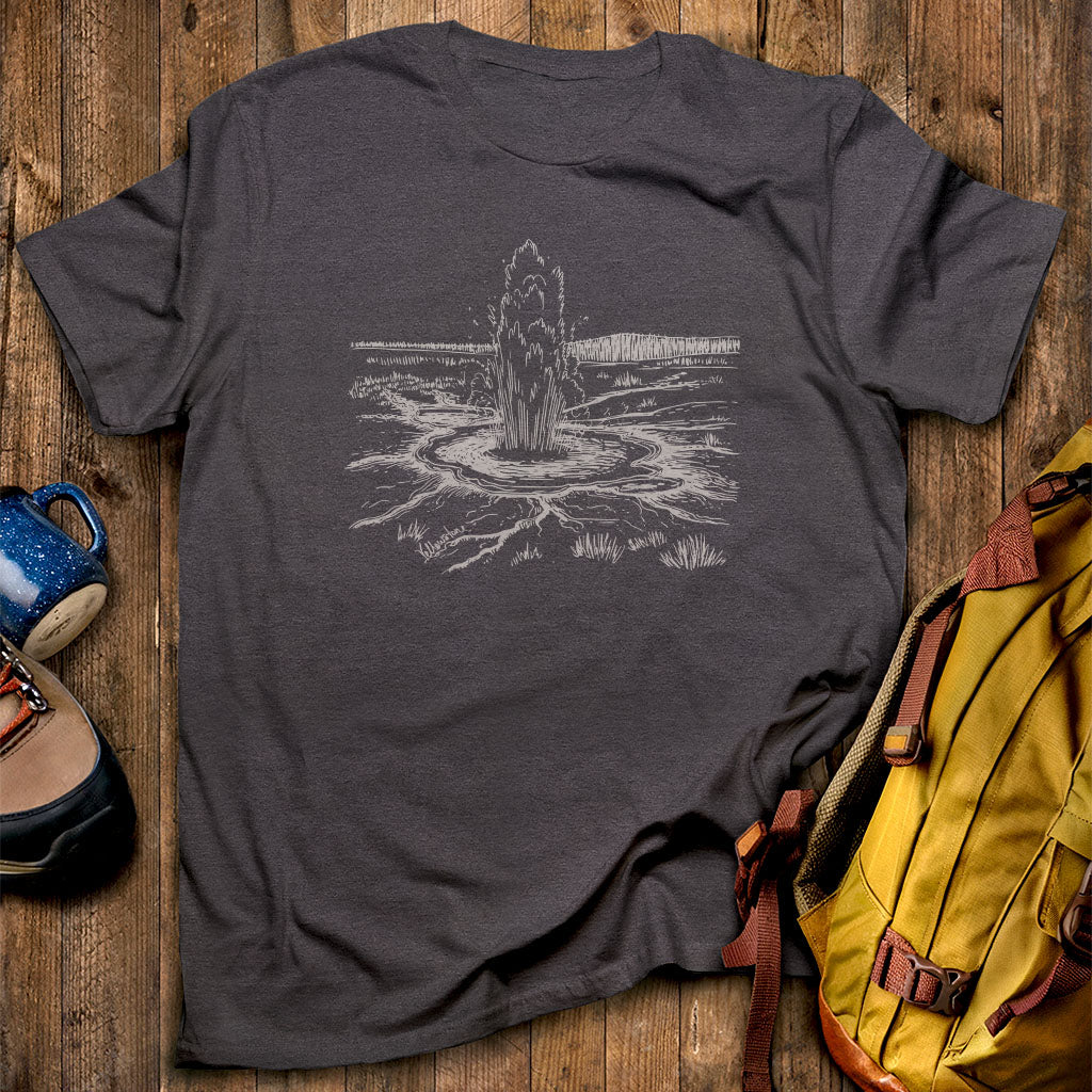 Yellowstone Line Drawing T-Shirt Dark Heather Adventure and Outdoors Themed T-Shirt