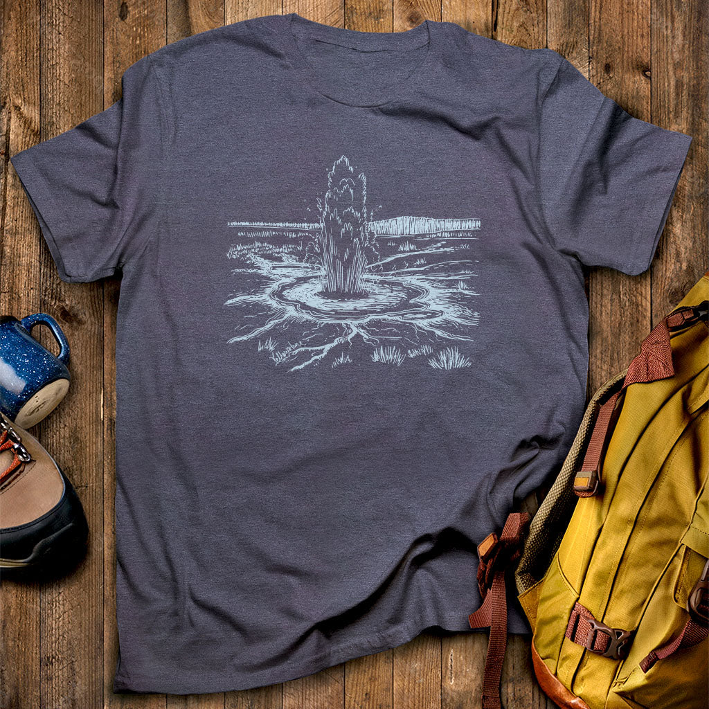 Yellowstone Line Drawing T-Shirt Heather Navy Adventure and Outdoors Themed T-Shirt