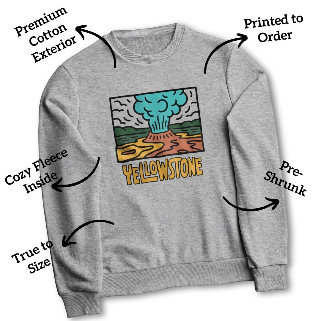 Gray sweatshirt with 'Yellowstone' graphic and feature text on a white background