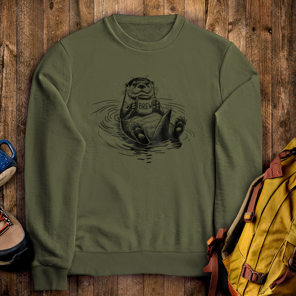 The Hoptimist Otter Crewneck Sweatshirt Military Green Adventure and Outdoors Themed Sweatshirt