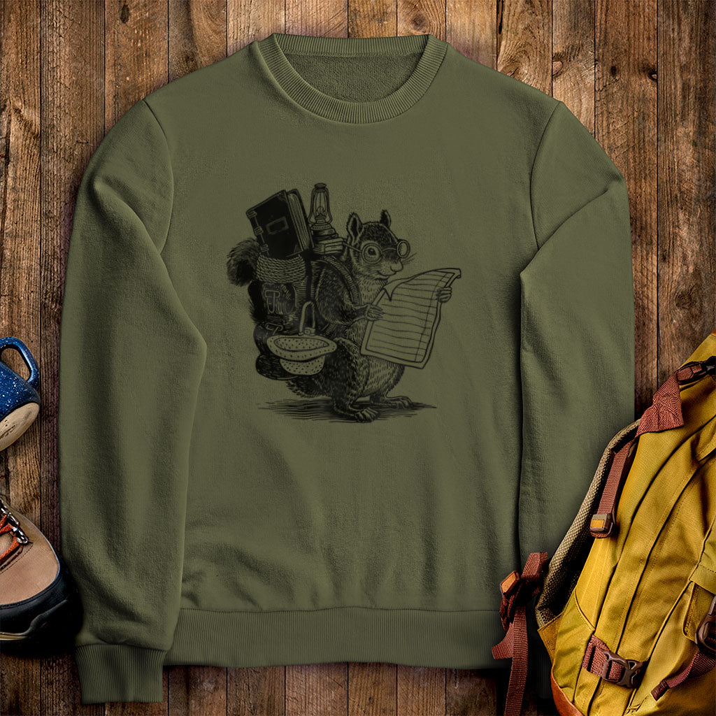 The Packademic Squirrel Crewneck Sweatshirt Military Green Adventure and Outdoors Themed Sweatshirt