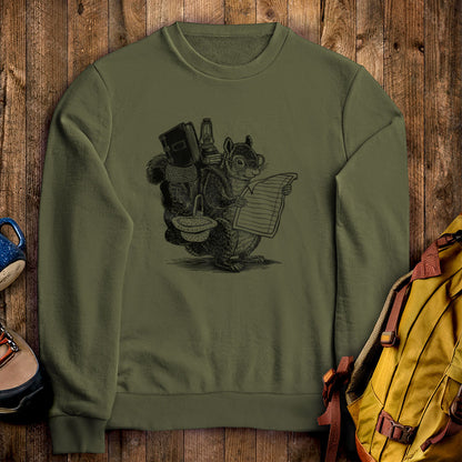 The Packademic Squirrel Crewneck Sweatshirt Military Green Adventure and Outdoors Themed Sweatshirt