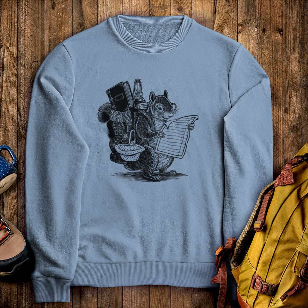 The Packademic Squirrel Crewneck Sweatshirt Stone Blue Adventure and Outdoors Themed Sweatshirt