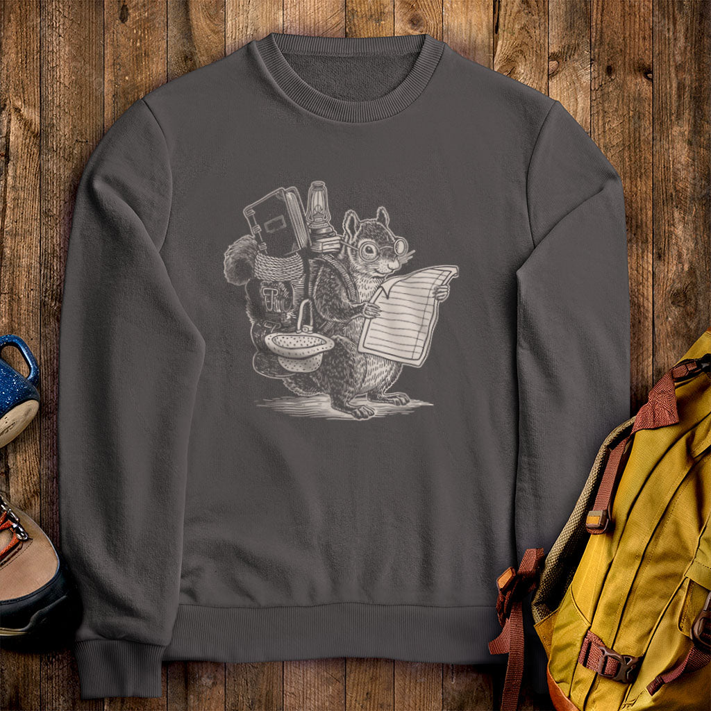 The Packademic Squirrel Crewneck Sweatshirt Charcoal Adventure and Outdoors Themed Sweatshirt