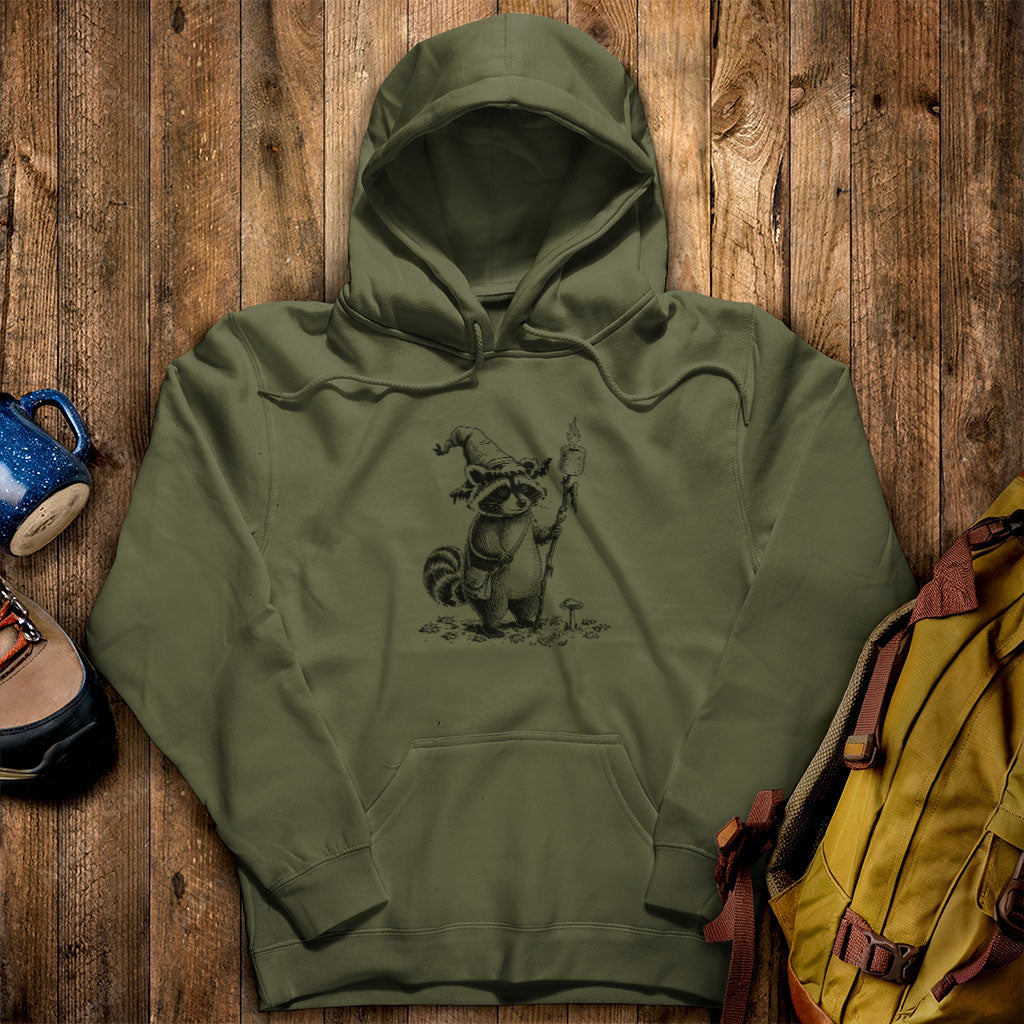 The S'morecerer Racoon Hoodie Military Green Adventure and Outdoors Themed Hoodie