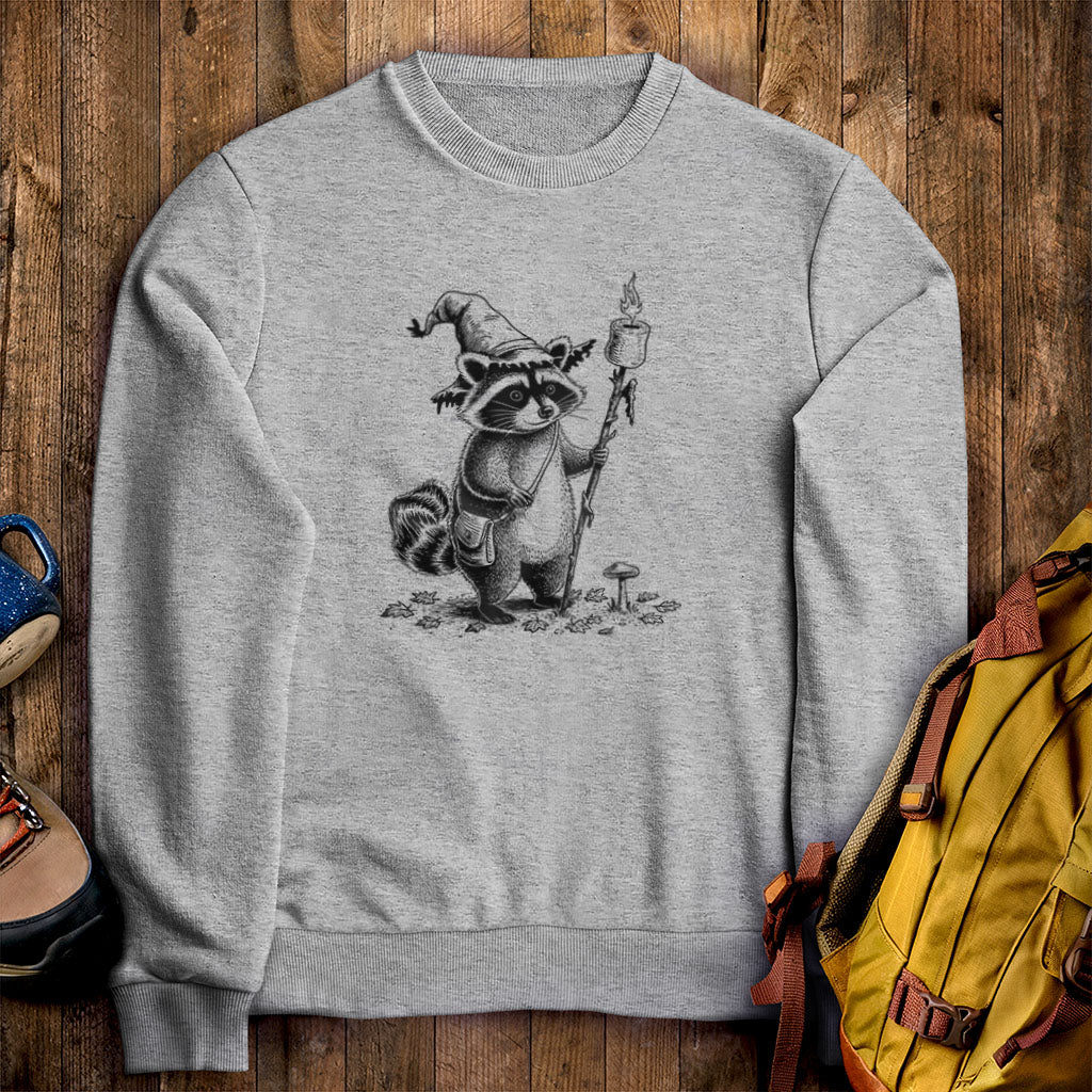 The S'morecerer Racoon Crewneck Sweatshirt Sport Grey Adventure and Outdoors Themed Sweatshirt