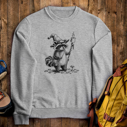The S'morecerer Racoon Crewneck Sweatshirt Sport Grey Adventure and Outdoors Themed Sweatshirt