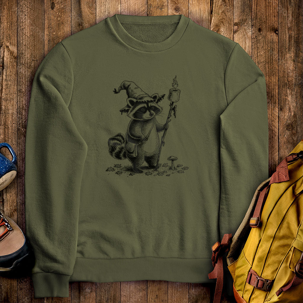 The S'morecerer Racoon Crewneck Sweatshirt Military Green Adventure and Outdoors Themed Sweatshirt