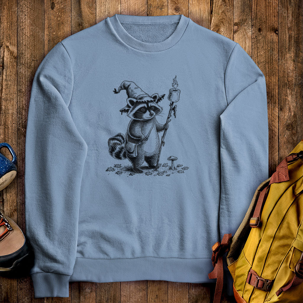 The S'morecerer Racoon Crewneck Sweatshirt Stone Blue Adventure and Outdoors Themed Sweatshirt