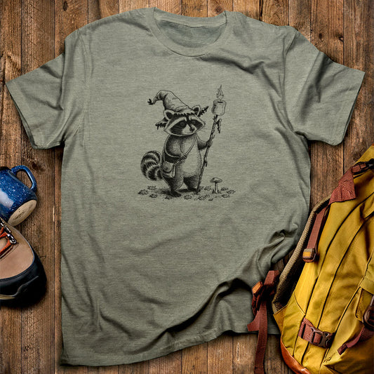 The S'morecerer Racoon T-Shirt Heather Military Green Adventure and Outdoors Themed T-Shirt