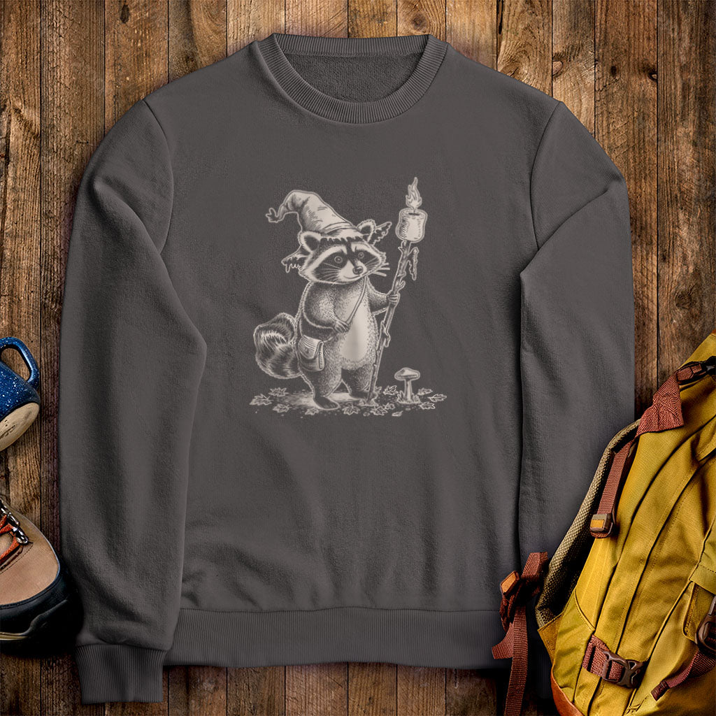 The S'morecerer Racoon Crewneck Sweatshirt Charcoal Adventure and Outdoors Themed Sweatshirt
